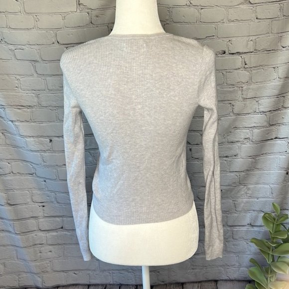 ribbed button down crop stretchy long sleeved top crew grey small - Picture 3 of 7